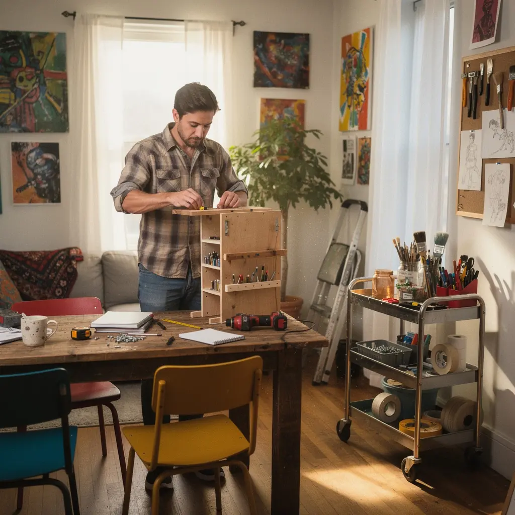 Zabudowana szafa w przedpokoju w małym mieszkaniu z dużym oświetleniem