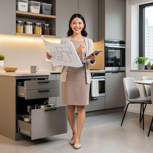 Kuchnia w małym lokalu z jasnym oświetleniem i praktycznymi szafkami